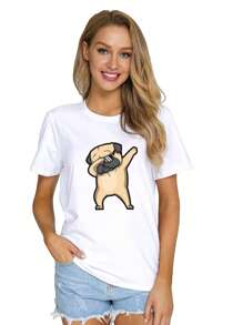 MODAS CHOPIS BLUSA O PLAYERA CUELLO REDOND MANGA CORTA COLOR BLANCO CON DISEÑO DE PUG LENTES - Blanco - Ver 1