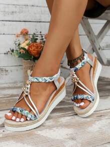 WRCVS Beige Women Sandals With Woven Straps, Platform Wedge Heel, Handmade Beaded Woven Sole, Lightweight Bohemian Style Casual Summer Outdoor Sandals - Silver - View 6