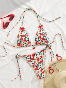 2025 Fashionable Cute Cherry Print Women Beach Holiday Bikini Swimsuit, Cherry Ornament Bowknot Side Drawstring 2 Pieces Bikini Set, Ideal For Summer Dates, Romantic Parties - Yellow - View 2