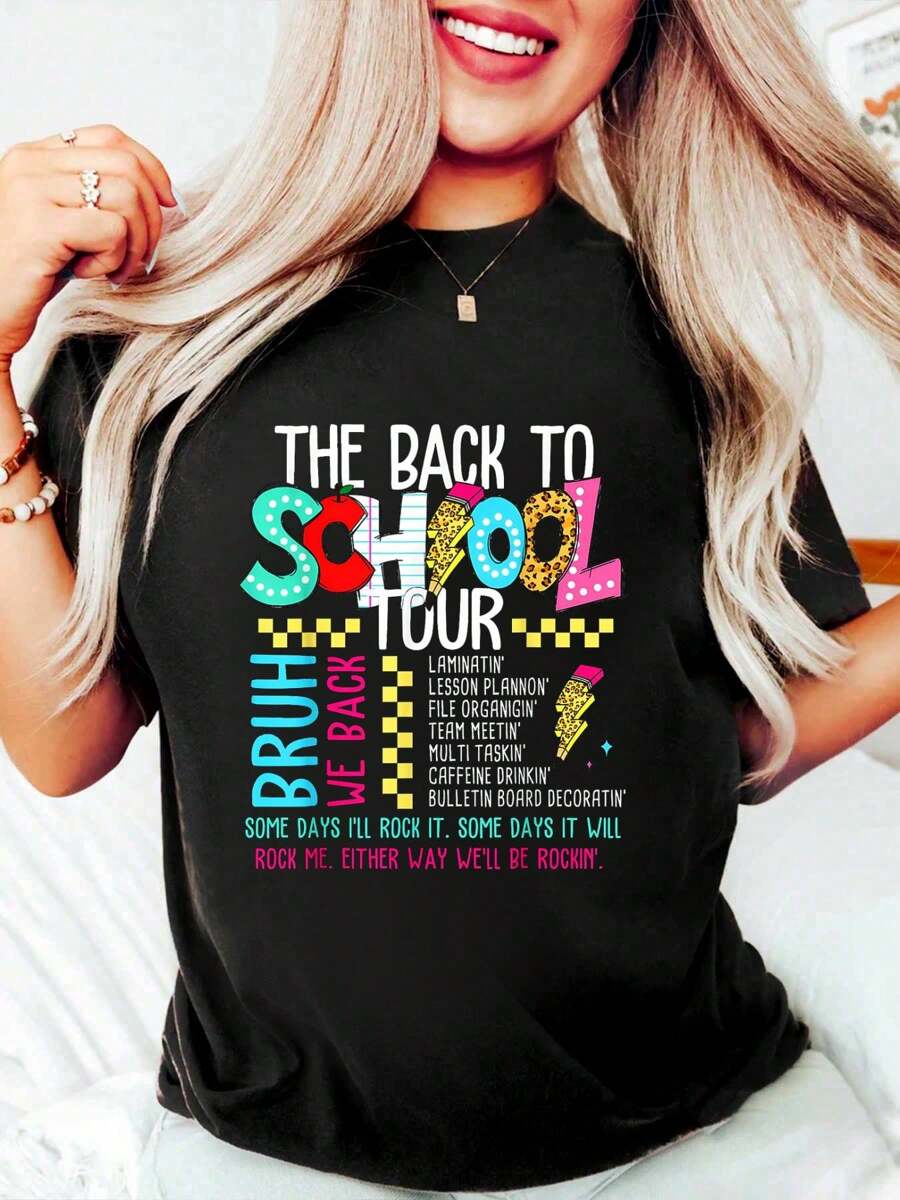 The Back To School Tour T-Shirt Cotton Graphic Tee For Women, Round Neck Short Sleeve Casual Tops - Black - View 1