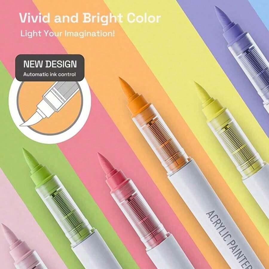 自动墨水控制丙烯酸涂料笔，9 支刷头丙烯酸涂料笔套装，带 7 种专业颜色系列，适用于岩石绘画、陶瓷、木材、帆布、玻璃、石头、织物、卡片制作、DIY 和艺术用品