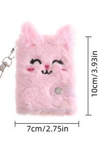 1pc Cartoon Kitten Plush Notebook, Cute Mini Portable Pocket Notepad, Furry Plush Diary For Girls, Children Writing Book, School Bag Pendant Gift , Back To School Gifts
