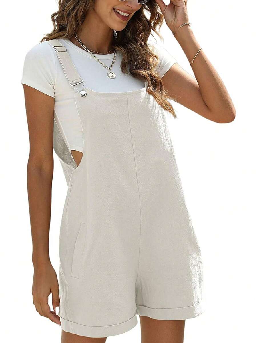 Summer Rompers Outfits For Women Linen Short Cowl Casual Jumpsuit With Pockets - White - View 1