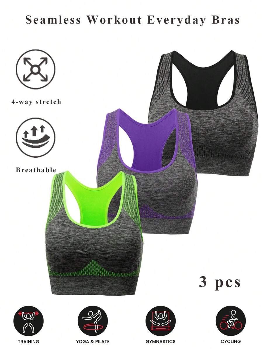 3 Pcs Sports Bra Support Yoga Gym Activewear Bra With Pocket - Multicolor - View 1