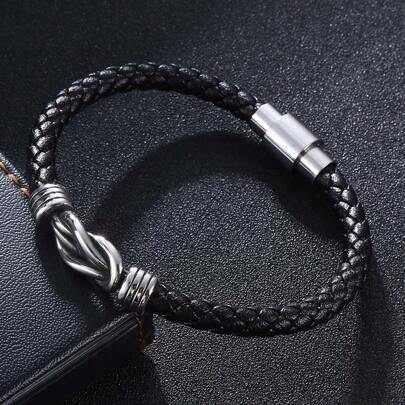 1pc Men's PU Braided Bracelet, Open Design With Endless Knot Element, Suitable For Daily Wear And Gift, Magnetic Clasp Closure