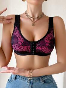 Women's Non-Wired Lace Patchwork Front Closure Comfortable Bra - Multicolor - View 3