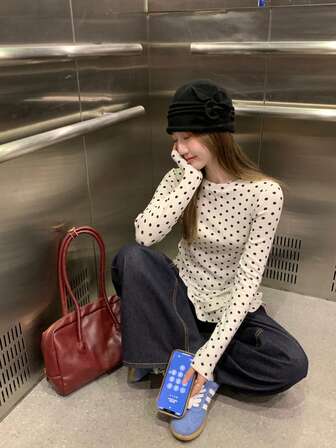 Women's Sweet Style White Polka Dot Long Sleeve T-Shirt, Ruffled Hem Slim Fit Layering Top, Lightweight Autumn Wear