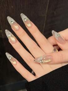 10 Pcs Luxury Handmade Press On Nails Super Long Almond False Nails Full Drilling Design False Nails With 3 Pieces Tool Adhesive Nail Glue Tabs Suitable For Ladies And Girls To Attend Holiday Parties.When This Product Is Waving Your Fingertips, There May Be Flashes Falling. Please Be Careful.Wish You Happy Every Day.Makes Me More Motivated.Five-Star. Nail Supplies Nails