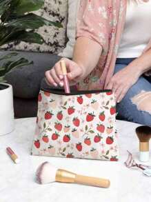 1pc Aardbeienpatroon Thema Volledige Print Make-up Tas - Lichtgewicht En Geurloze Polyester Reis Toilettas, Cartoon Aardbei Leuke Multifunctionele Canvas Tas, Oplaad Opbergtas, Essentiële Reis Make-up Tas: Meisjes Reis Reddingsboei Tas