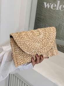 BAILEE 1 Pieza Bolso de verano informal y sencillo trenzado con fibra de mazorca, bolso de embrague trenzado con fibra de mazorca para cena, bolso grande de paja de color liso y sencillo para mujer, adecuado para vacaciones, viajes, trabajo y ocio, compras diarias