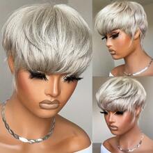 Elegant Short Pixie Cut Bob Wig With Bangs - Gray Layered Human Hair, Straight Style, Perfect For Parties & Cosplay, Machine Made,Hair Wig