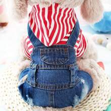1 Pc Striped Pet Four Leg Clothing, Denim Overalls Style Dog Suspender Pants, Spring/Summer Pet Apparel