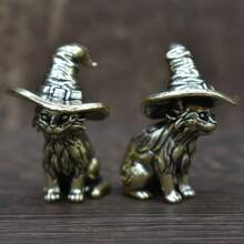 1 pièce Statue de sorcière en laiton vintage, sculpture miniature en métal massif de chat, figurine décorative d'animal, accessoire à thé en cuivre antique, artisanat de collection, décoration de maison et de chambre, ornement de table pour le salon ou la chambre à coucher, pour Halloween