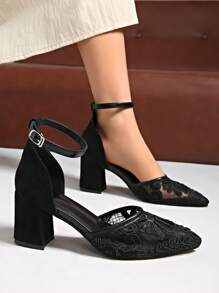 New 2025 Korean Style Mid-Heel Strap Closed Toe Women Sandals, Thick High Heel Mesh Hollow Design