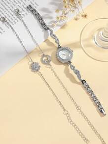 3pcs/Set New Fashion Women's Arabic Scale Rhinestone Steel Band Quartz Watch + Rhinestone Clover Bracelet Set, Suitable For Daily Matching, Anniversary, Holiday Gift - Silver - View 4