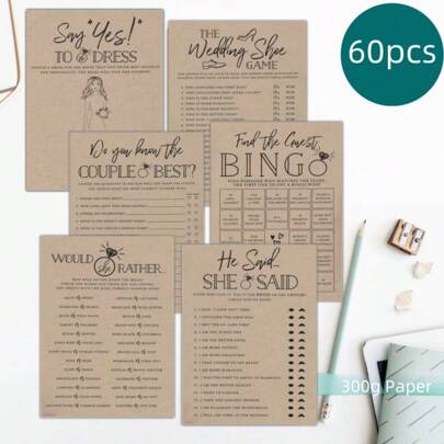 60 张新娘送礼会游戏卡套装，可容纳 20 位宾客，双面印刷牛皮纸彩色，婚礼派对活动 - 订婚派对用品，包括“你对这对夫妇有多了解”、“宾果游戏”、“婚鞋游戏”、“说是”、“他说她说” - 无需电力或电池，无羽毛