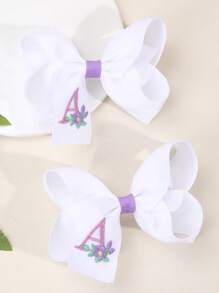 2 piezas Clips para el cabello con bordado floral lindo de 26 letras y lazo, accesorios para el cabello tipo pato para niñas, adecuados para decoración diaria - Multicolor - Ver 12