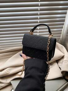 1pc Fashionable And Simple Printed Handbag, Letter Embossed All-Match Mini Handbag Small Square Bag, Change Lipstick Bag, Pu Material With Fashionable Chain Shoulder Strap, Magnetic Buckle Flap Opening And Closing, Suitable For Shopping, Daily Use, Fashionable And All-Match Square Bag Shape Handbag Crossbody Bag - PU Handbag - View 6