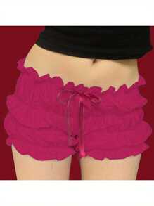 Women Summer Bloomers Shorts Casual Solid Color Ruffles Bow Elastic Short Pants For Vacation Beach Club Streetwear