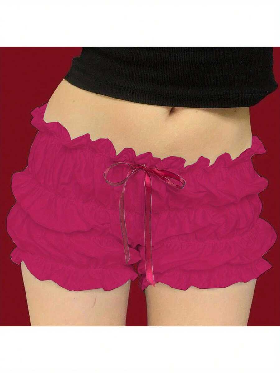 Women Summer Bloomers Shorts Casual Solid Color Ruffles Bow Elastic Short Pants For Vacation Beach Club Streetwear