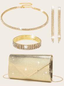 女士水钻首饰 水钻首饰套装 闪亮项链 耳环 手链套装 闪亮钱包 手提包 蛇形 V 型翻盖信封包 手提宴会包 手提包 女士舞会手提包 金属链条手提包 婚礼派对手提包 酒会婚礼 新款钱包 宴会包 晚礼服 女士新娘晚礼服舞会 - 金色 - 查看 2