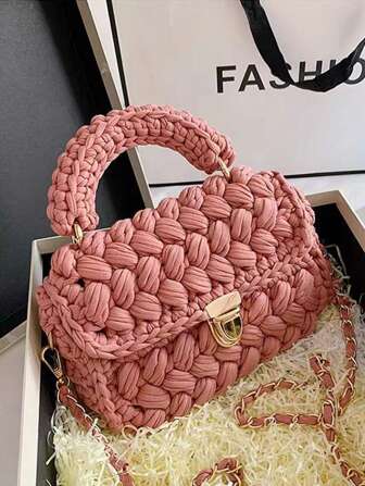 1 件手工钩编花卉条纹女士手提包，时尚休闲手提包，配有可拆卸链带，多功能大容量，适合日常使用和派对，送给朋友的礼物