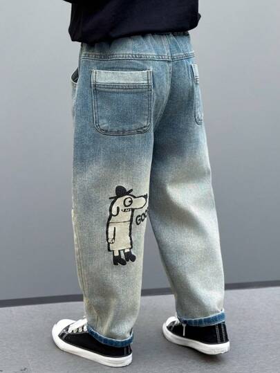 小男孩休闲风格小狗印花破洞牛仔裤