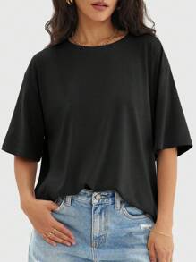 [Spring/Summer] 3pcs Women's Casual Oversized Crewneck Short Sleeve Basic T-Shirts - Black - View 4