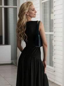 tooluck Chic Simple Design Sleeveless Tank A-Line Long Dress, Crew Neck Slim Top Wide Hem Waist Pleated, Woman Cothes - màu đen - Xem 5