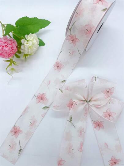 3.8厘米宽 Doli 欧根纱花卉印花装饰丝带，10 码/卷，情人节礼品包装