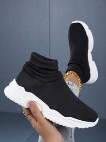 Zapatos deportivos casuales para mujer, nuevos calcetines de media caña tejidos para verano, botas tipo calcetín con suela gruesa antideslizante, diseño minimalista y elegante de puntera redonda, botas casuales para caminar al aire libre, viaje y vacaciones. Botas de calcetín de punto cómodas y transpirables para mujeres, zapatos deportivos elegantes y personalizados de estilo urbano para combinar con cárdigan, vestido largo, suéter, falda, botas cortas negras.