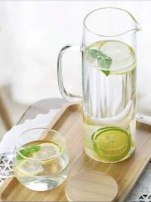 1pc 1000ml/1200ml/1500ml Straight Borosilicate Glass Water Kettle With Wooden Lid, Summer Fruit Juice Pitcher, Heat Resistant, Suitable For Home, Gatherings, Restaurants