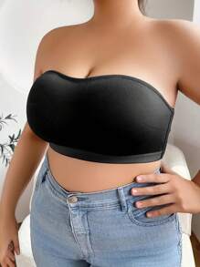 Plus Size Strapless Bandeau Bra Women's Push Up Top Anti Slip Solid Side Closure Removable Padded Elegant Gym Tank Top - Black - View 4
