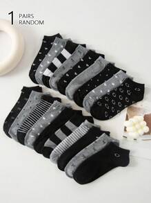 5/10/20/40 Pairs Women/Men/Kids 3-8 Years Old/Family Matching Short Socks, Black & Grey Series With Bow, Heart, Stripe, Polka Dot Patterns, Versatile & Comfortable, Suitable For Students, Adults, Gifts, Daily Wear (Multiple Combinations Available), Randomly Shipped