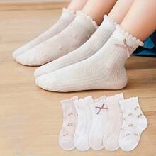 5pcs Girls' Breathable Mesh Socks With Cute Bow - Flower Pattern, Perfect Choice For Spring And Summer