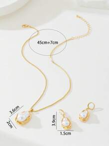 Bộ 3 món/Bộ trang sức ngọc trai hình dạng bất đối xứng phóng đại theo phong cách Châu Âu cổ điển, vòng cổ và hoa tai thanh lịch kết hợp làm quà tặng cho phụ nữ - Vàng vàng + trắng - Xem 4