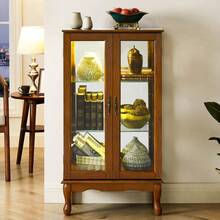 Curio Cabinet Lighted Curio Diapaly Cabinet With Adjustable Shelves And Mirrored Back Panel, Tempered Glass Doors (Oak, 3 Tier), (E26 Light Bulb Not Included)    RR