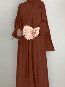 2pcs Women Solid Color Comfortable Casual Loose Cardigan + Sleeveless Robe Set, Arabic Abaya Robe With Belt - No Headscarf, Quick Ship - Coffee Brown - View 4