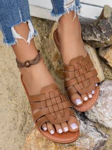 Chinelos Trançados Feitos à Mão em Cor Sólida para Mulheres, Calçados Casuais Planos de Praia de Verão, Tipo Slip-On