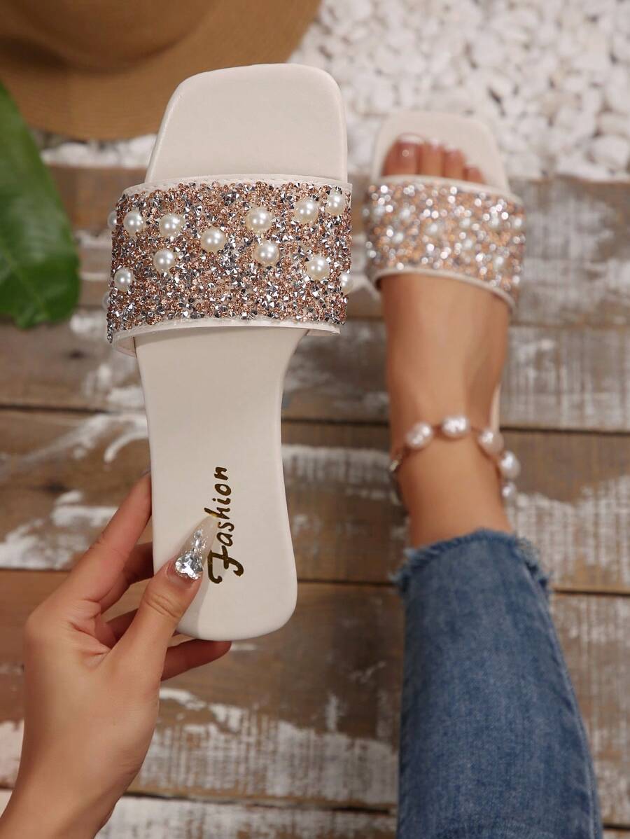 Plus Size Women's Slip-On Rhinestone Decor Sandals, Casual Versatile Outdoor Plastic Flat Slides