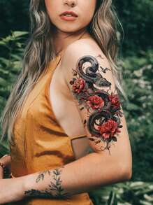 2 件装奇幻哥特式花卉、蛇、虎、狐狸、骷髅性感防水临时纹身贴纸 - 彩色 - 查看 3