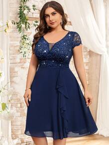 加大深 V 领亮片蕾丝褶边雪纺 A 字下摆晚会摇摆连衣裙，半正式婚礼宾客连衣裙，适合生日、毕业典礼、返校节 - 藏蓝色 - 查看 6