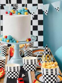 10个装赛车主题生日派对8盎司一次性纸碗，生日快乐婴儿派对性别揭晓派对纸质餐具，黑白格子纸碗，纸质冰淇淋杯，爆米花盒，食品容器 - 黑白方格 - 查看 8