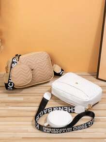 New Design 2pcs/Set Women Shoulder Bag With Wide Strap, Printed Small Square Bag With Fashionable Wave Embroidery, Crossbody Bag With Coin Purse