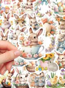 50pcs Easter Egg Bunny Stickers Easter Material Stickers Handbook Book Cute Bunny Diy Material Decorative Stickers,School Supplies,Back To School