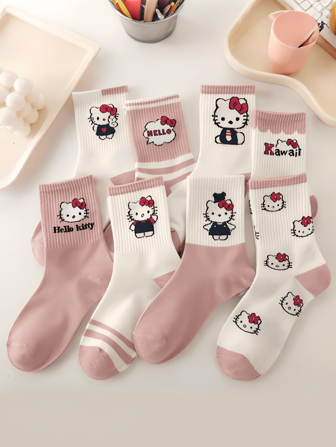  随机发货 1PC/3PC/4PC/5PC/6PC/8PC/10PC/12PCSanrio Hello Kitty Kuromi Melody 卡通动漫图案儿童中长袜，春夏运动袜，透气、防臭、吸汗袜子适合 9-25 岁。
