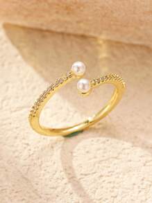 1pc Small Pearl Micro CZ Gold Bypass Ring, Dainty Cubic Zirconia Pearls Bypass Open Adjustable Rings For Women Gold Jewelry