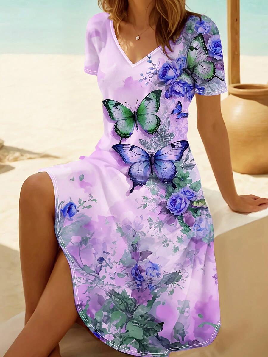 Plus Size Women Boho Style Floral Print V-Neck Elastic Short Sleeve T-Shirt Dress