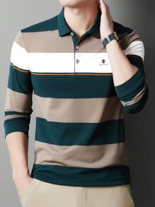 男士轻薄条纹Polo衫，春秋季，长袖上衣