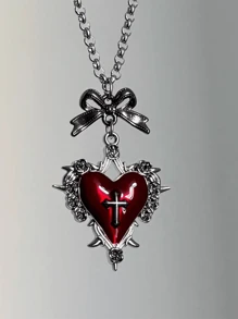 1pc Gothic Punk Style Red-Black Heart, Butterfly, Cross Pendant Necklace, Vintage Inspired Y2K Aesthetic Choker For Women - Multicolor - View 7
